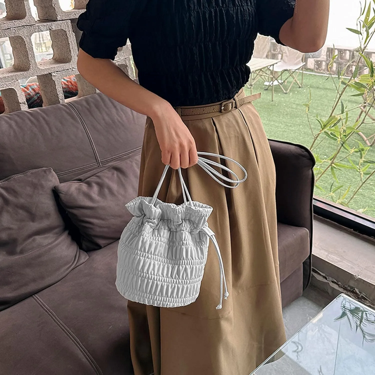 Ladies Crossbody Bag Shoulder Bag Large Capacity Personality Solid Colour Bright Surface Drawstring Briefcase (One Size)