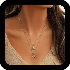 Layered Flower Necklace Choker Vintage Flower Pendant Necklaces Double Floral Necklaces Metal Gold Floral Statement Necklace for Women
