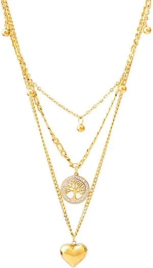 Layered Gold Chain Necklace, Heart and Tree of Life Pendants, Stainless Steel Choker with Zircon