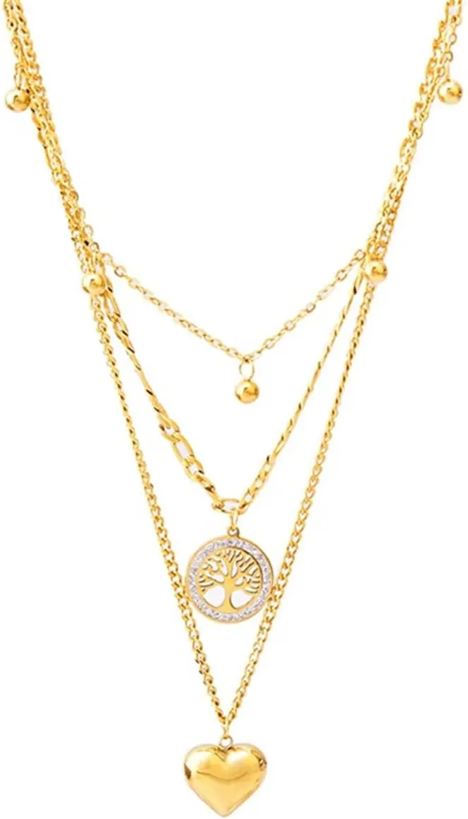 Layered Gold Chain Necklace, Heart and Tree of Life Pendants, Stainless Steel Choker with Zircon