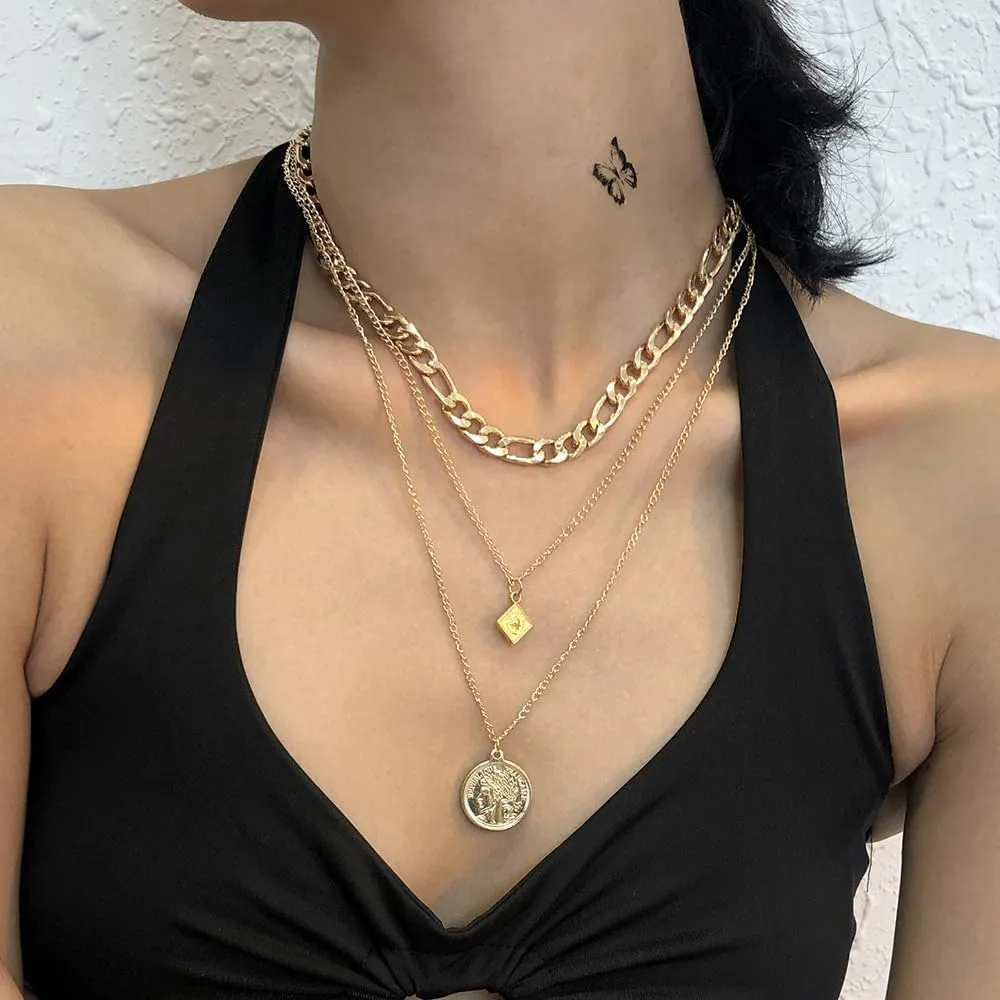 Layered Gold Necklaces for Women Chunky Stackable Charm Necklace Layered Cuban Paperclip Snake Chain Necklace Retro Coin Dainty Pendant Toggle Clasp Necklace