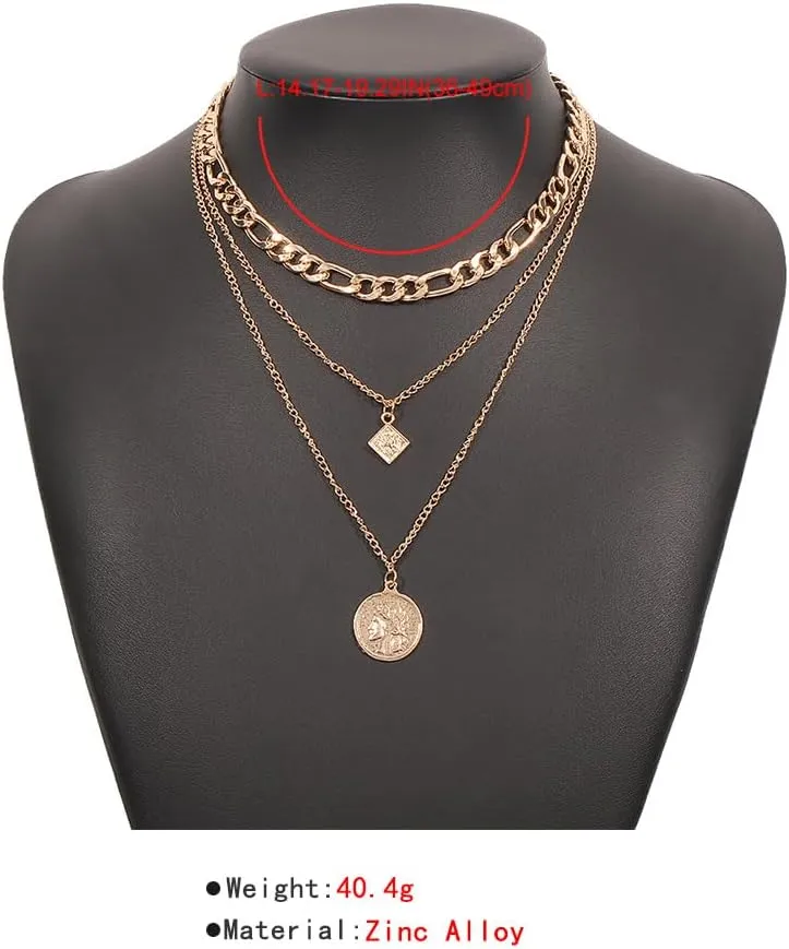 Layered Gold Necklaces for Women Chunky Stackable Charm Necklace Layered Cuban Paperclip Snake Chain Necklace Retro Coin Dainty Pendant Toggle Clasp Necklace