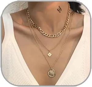 Layered Gold Necklaces for Women Chunky Stackable Charm Necklace Layered Cuban Paperclip Snake Chain Necklace Retro Coin Dainty Pendant Toggle Clasp Necklace