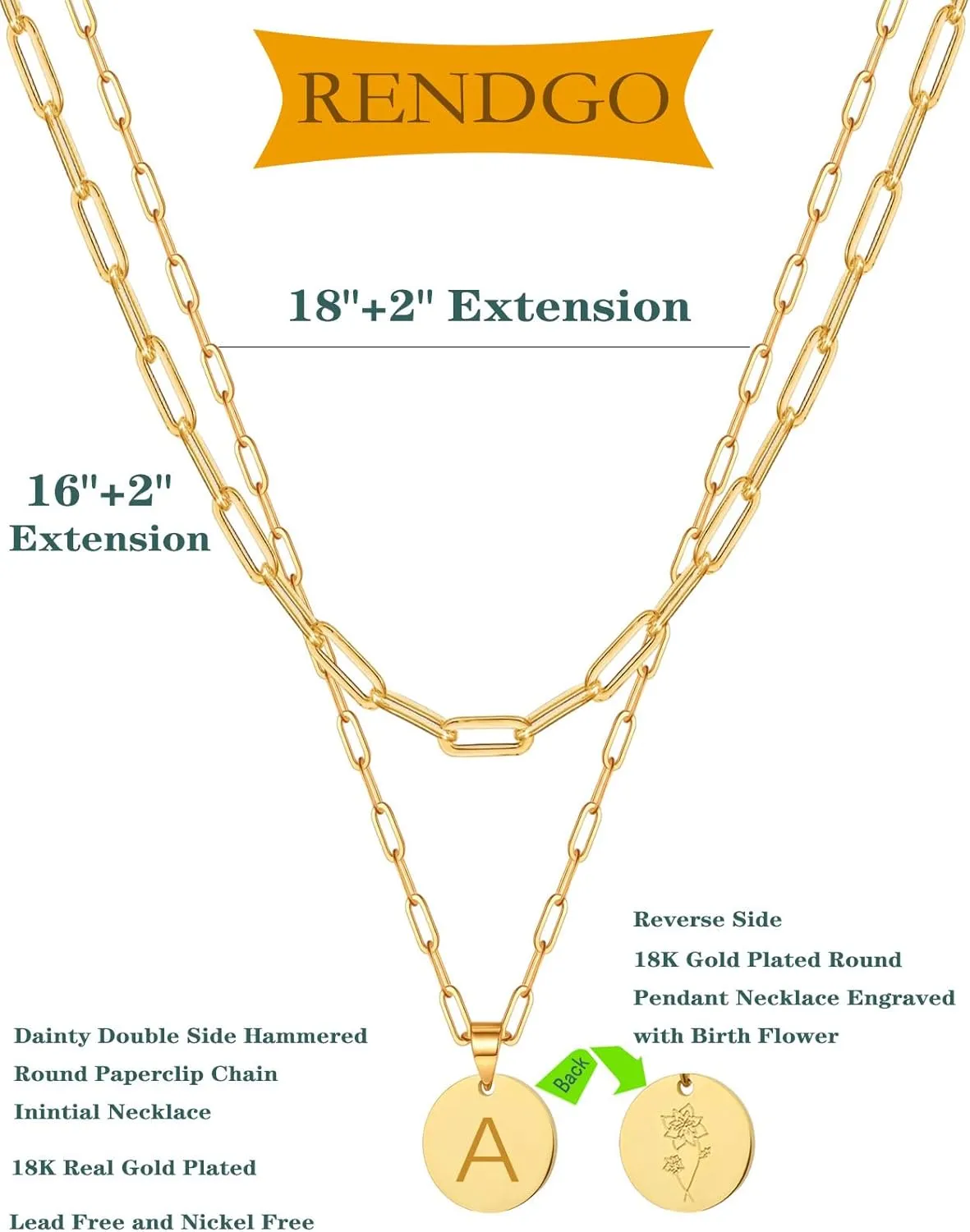 Layered Initial Birth Flower Pendant Necklace for Women, 18k Gold-Plated Fashion Jewelry