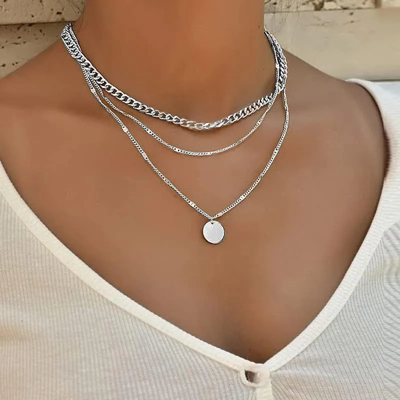 Layered Necklaces for Women, Gold Silver Plated Stackable Choker Necklaces Bar Disc Circle Pendant Adjustable Chain Necklace Jewelry