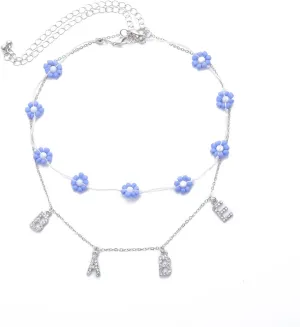 Layering Necklaces, Dainty Layered Choker Necklace Babe Flower Pendant Chain Necklaces Women Jewelry, 2 Pieces, White Gold, 41CM