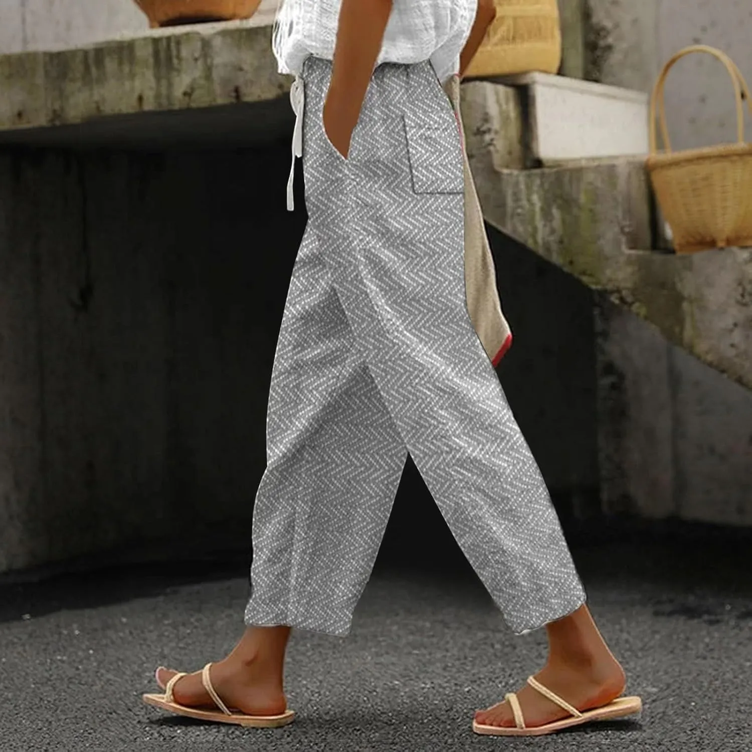 LCMTWX Flowy Linen Pants for Women Pants Capri Pants 2025 Pants with Pockets Wide Leg Cropped Pants Capri Linen Pants for