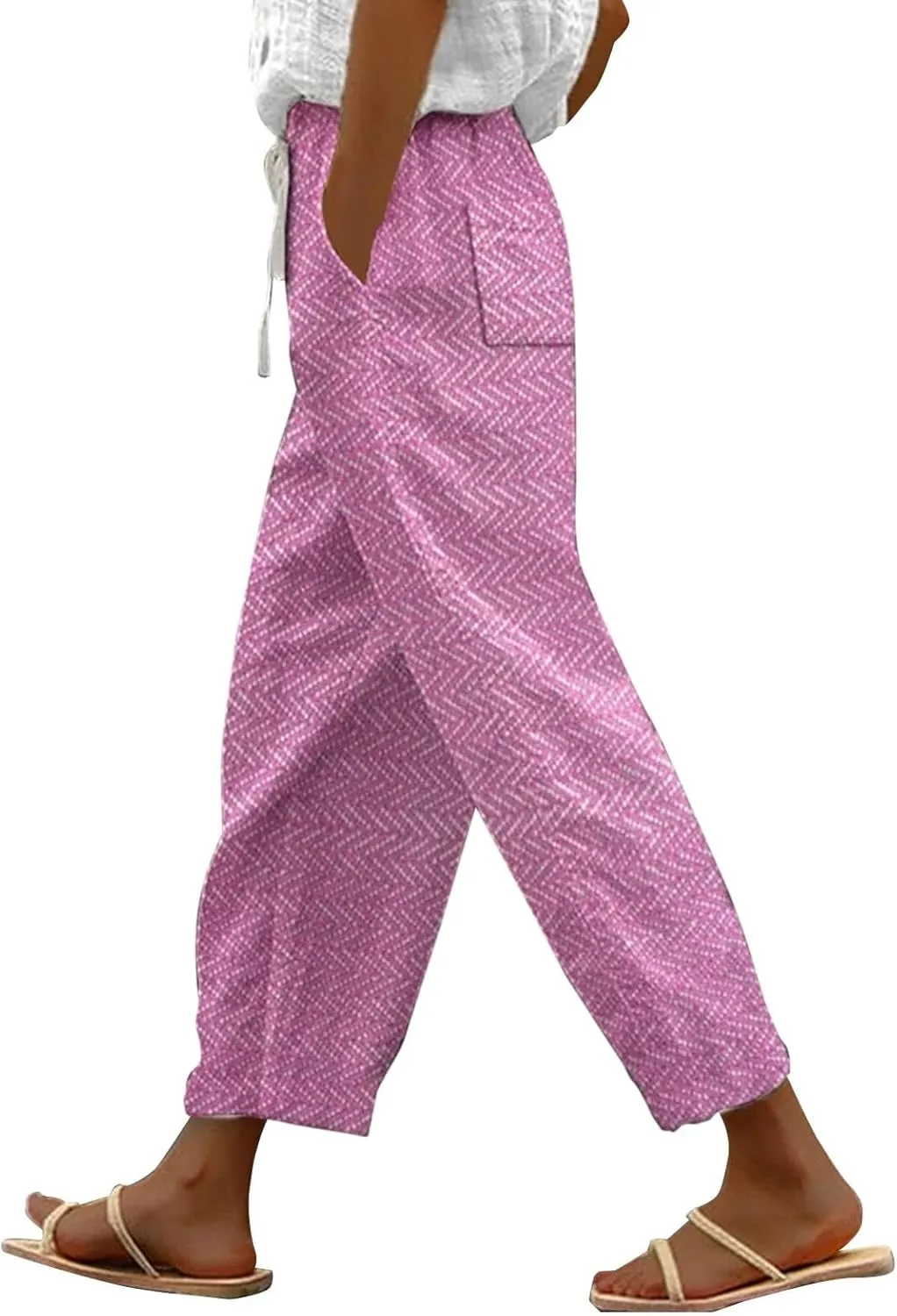 LCMTWX White Linen Pants Women 2025 Drawstring Pants Capri Pants 2025 Pants with Pockets Wide Leg Cropped Pants Linen Pants