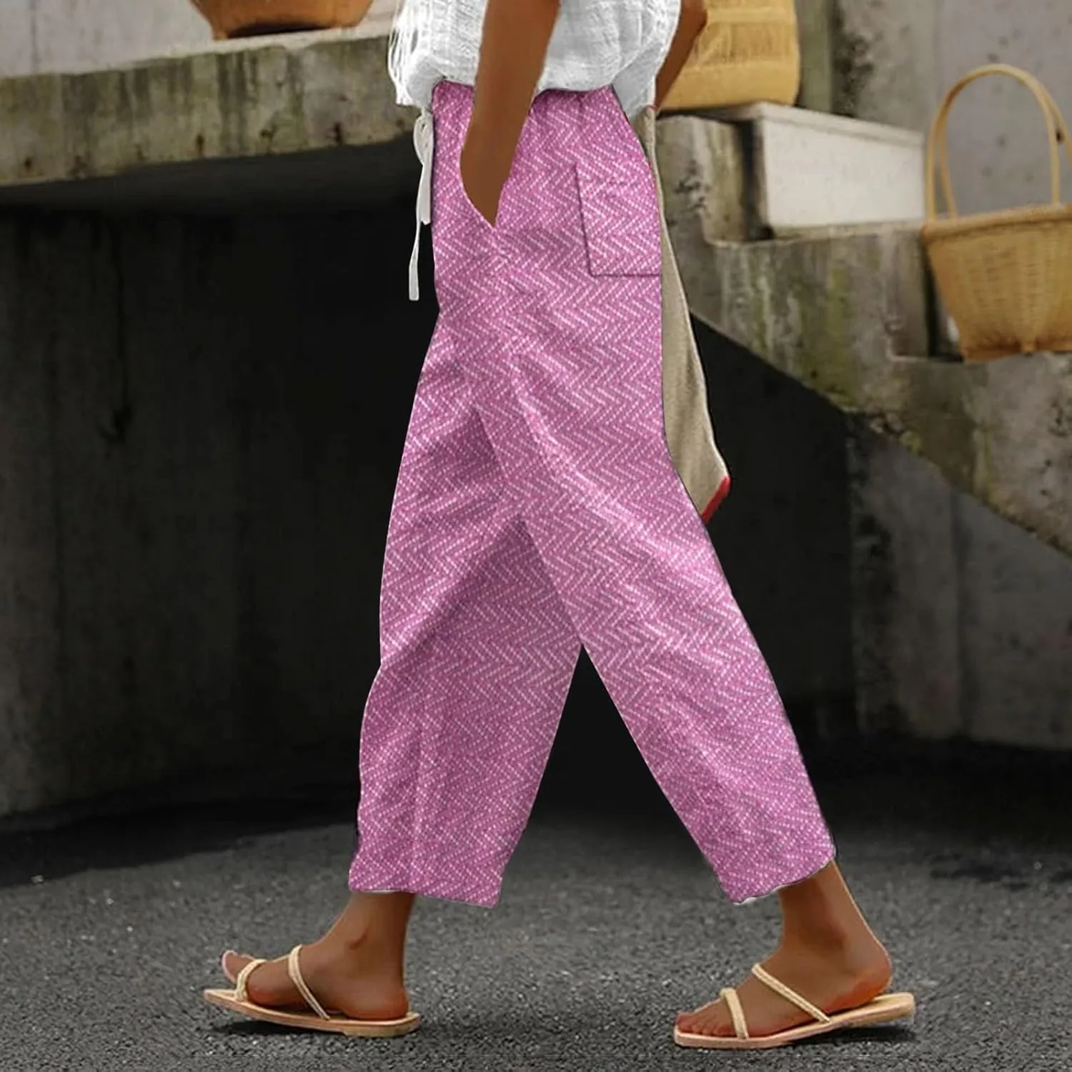 LCMTWX White Linen Pants Women 2025 Drawstring Pants Capri Pants 2025 Pants with Pockets Wide Leg Cropped Pants Linen Pants