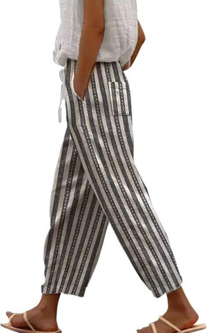 LCMTWX Women's Linen Pants 2025 Pants Drawstring Pants with Pockets Wide Leg Cropped Pants for Women Capri Pants 2025 Pants