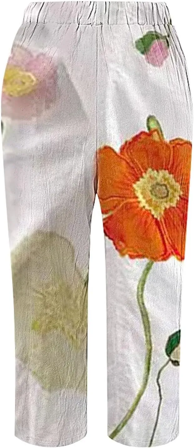 LCMTWX Womens Linen Pants Waist Pants Drawstring Capri Pants with Pockets Wide Leg Cropped Pants High Waisted Linen Pants