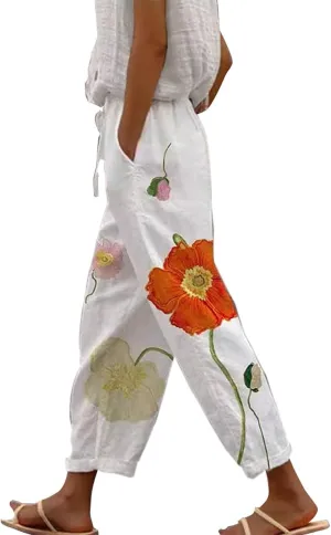 LCMTWX Womens Linen Pants Waist Pants Drawstring Capri Pants with Pockets Wide Leg Cropped Pants High Waisted Linen Pants