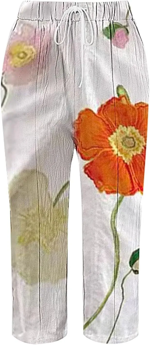 LCMTWX Womens Linen Pants Waist Pants Drawstring Capri Pants with Pockets Wide Leg Cropped Pants High Waisted Linen Pants