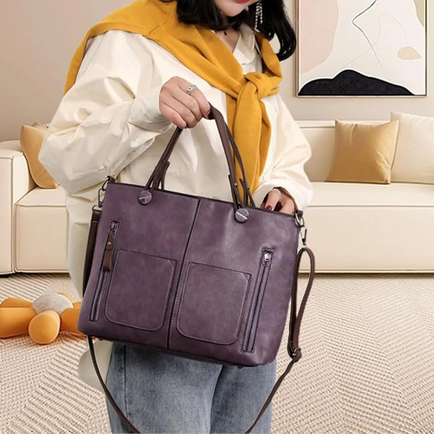 Leather Shoulder Bag for Women Multi-Pocket Convertible Backpack Purse Top Handle Tote Bags Vintage Handbags