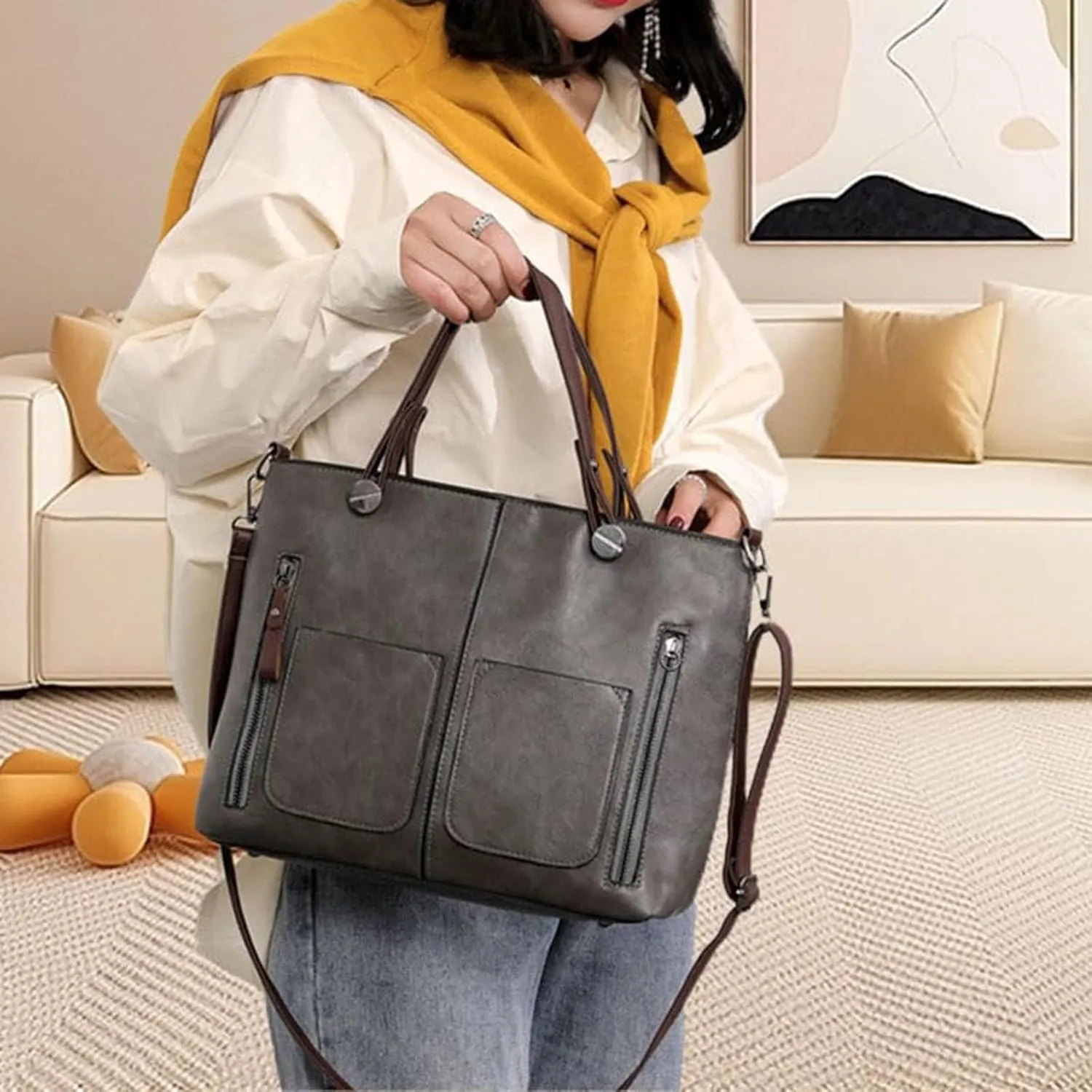 Leather Shoulder Bag for Women Multi-Pocket Convertible Backpack Purse Top Handle Tote Bags Vintage Handbags