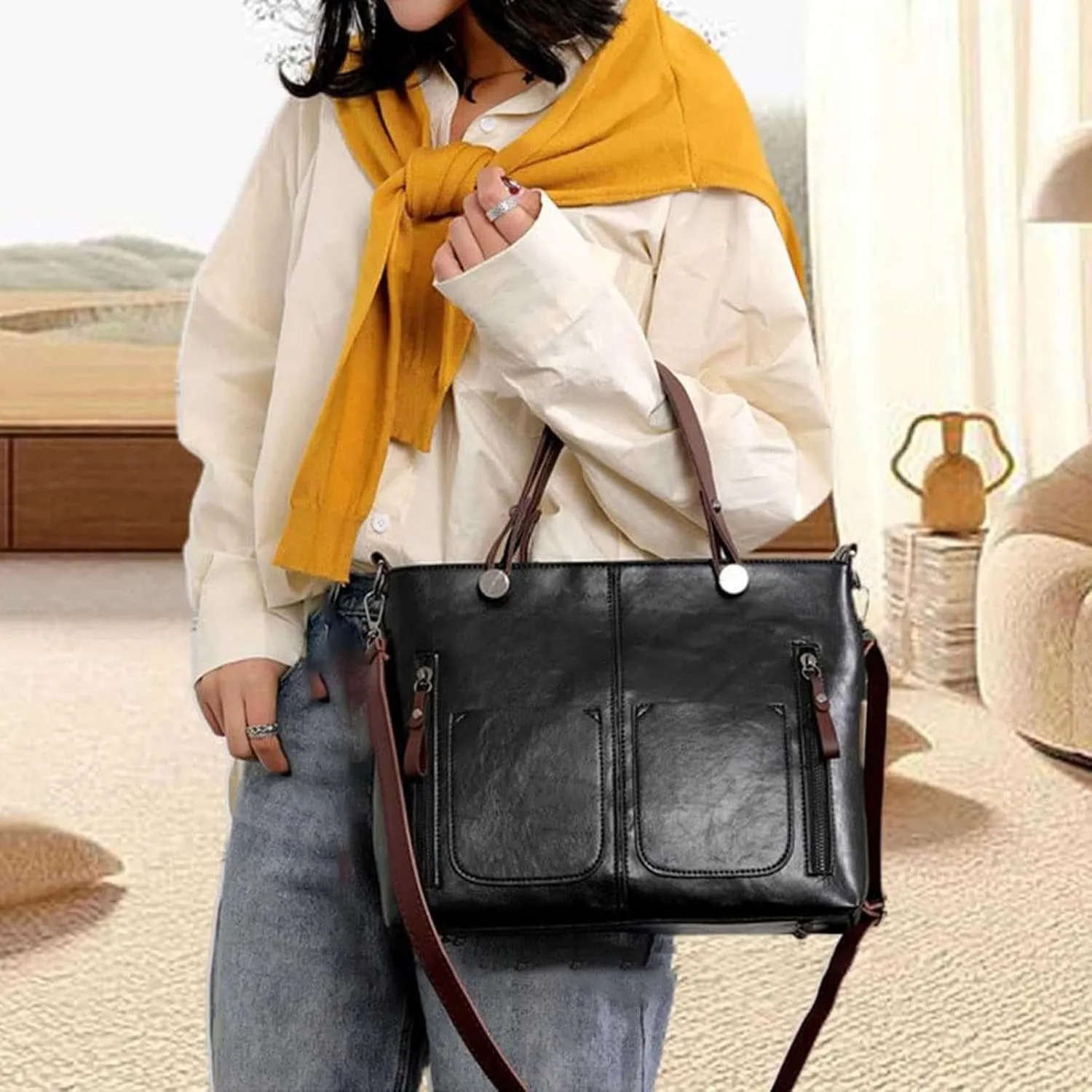 Leather Shoulder Bag for Women Multi-Pocket Convertible Backpack Purse Top Handle Tote Bags Vintage Handbags