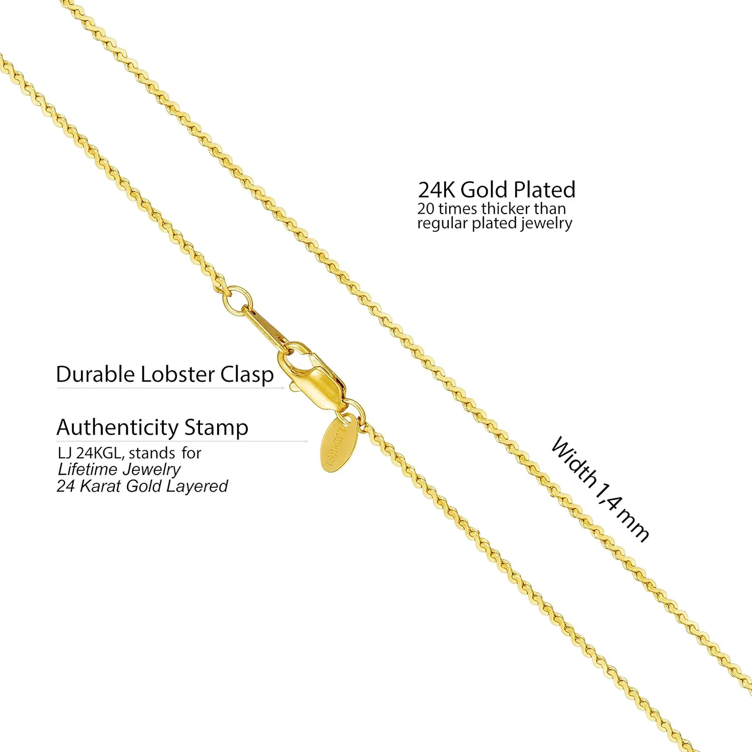 LIFETIME JEWELRY 1.4mm Serpentine Chain Necklace for Women & Men 24k Gold Plated