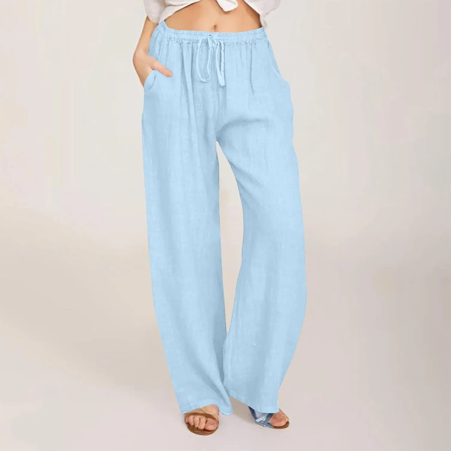 Linen Pants Women Summer Drawstring Waist Wide Leg Pants 2025 Loose Lightweight Pants Casual Beach Long Pants