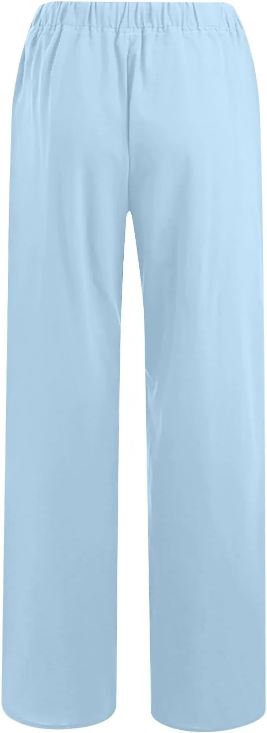 Linen Pants Women Summer Drawstring Waist Wide Leg Pants 2025 Loose Lightweight Pants Casual Beach Long Pants
