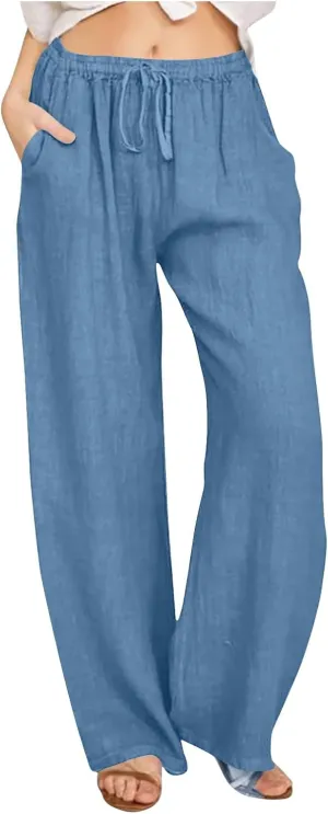 Linen Pants Women Summer Drawstring Waist Wide Leg Pants 2025 Loose Lightweight Pants Casual Beach Long Pants