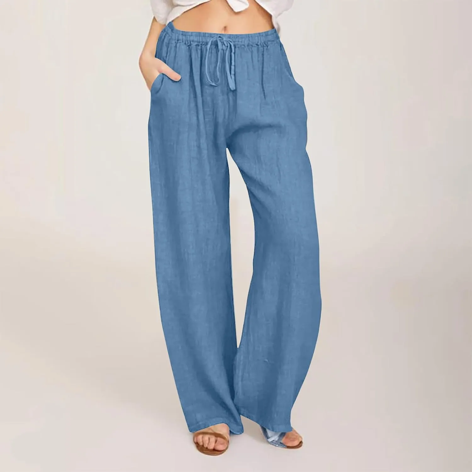 Linen Pants Women Summer Drawstring Waist Wide Leg Pants 2025 Loose Lightweight Pants Casual Beach Long Pants