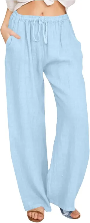 Linen Pants Women Summer Drawstring Waist Wide Leg Pants 2025 Loose Lightweight Pants Casual Beach Long Pants