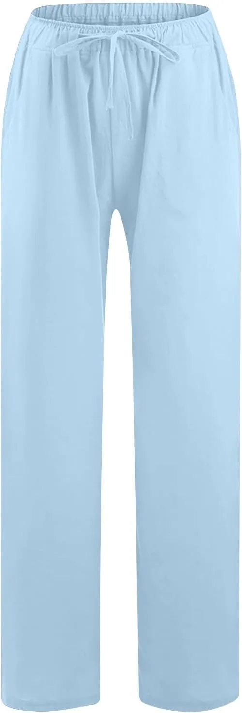Linen Pants Women Summer Drawstring Waist Wide Leg Pants 2025 Loose Lightweight Pants Casual Beach Long Pants