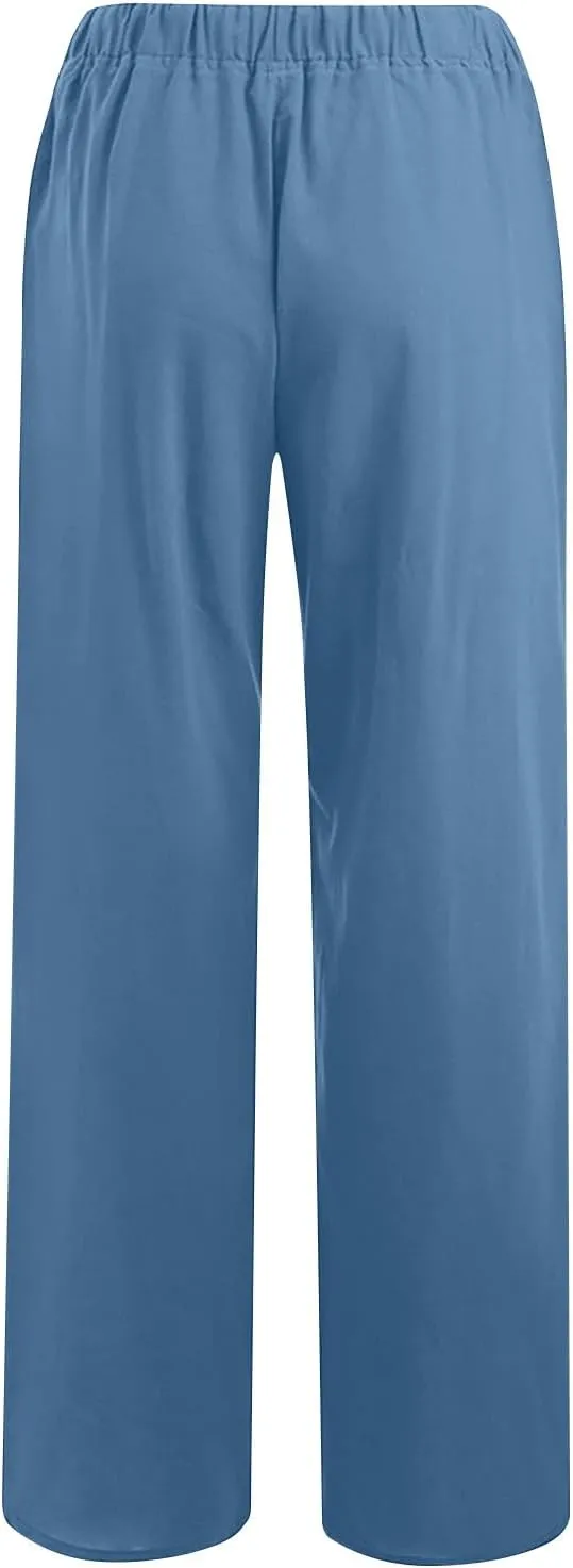 Linen Pants Women Summer Drawstring Waist Wide Leg Pants 2025 Loose Lightweight Pants Casual Beach Long Pants