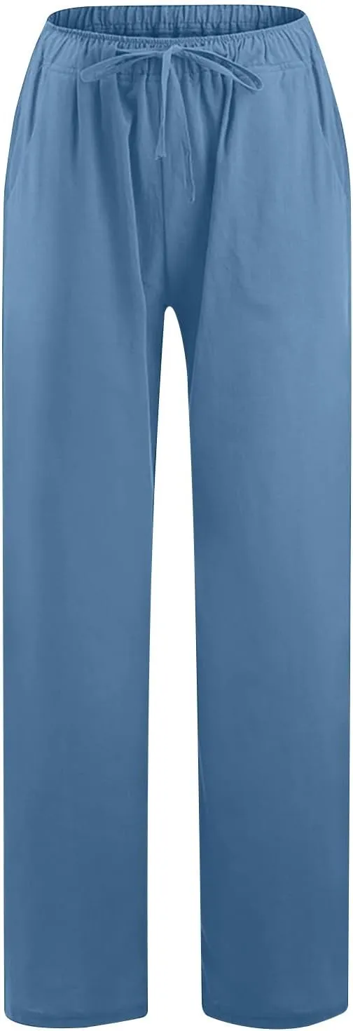 Linen Pants Women Summer Drawstring Waist Wide Leg Pants 2025 Loose Lightweight Pants Casual Beach Long Pants