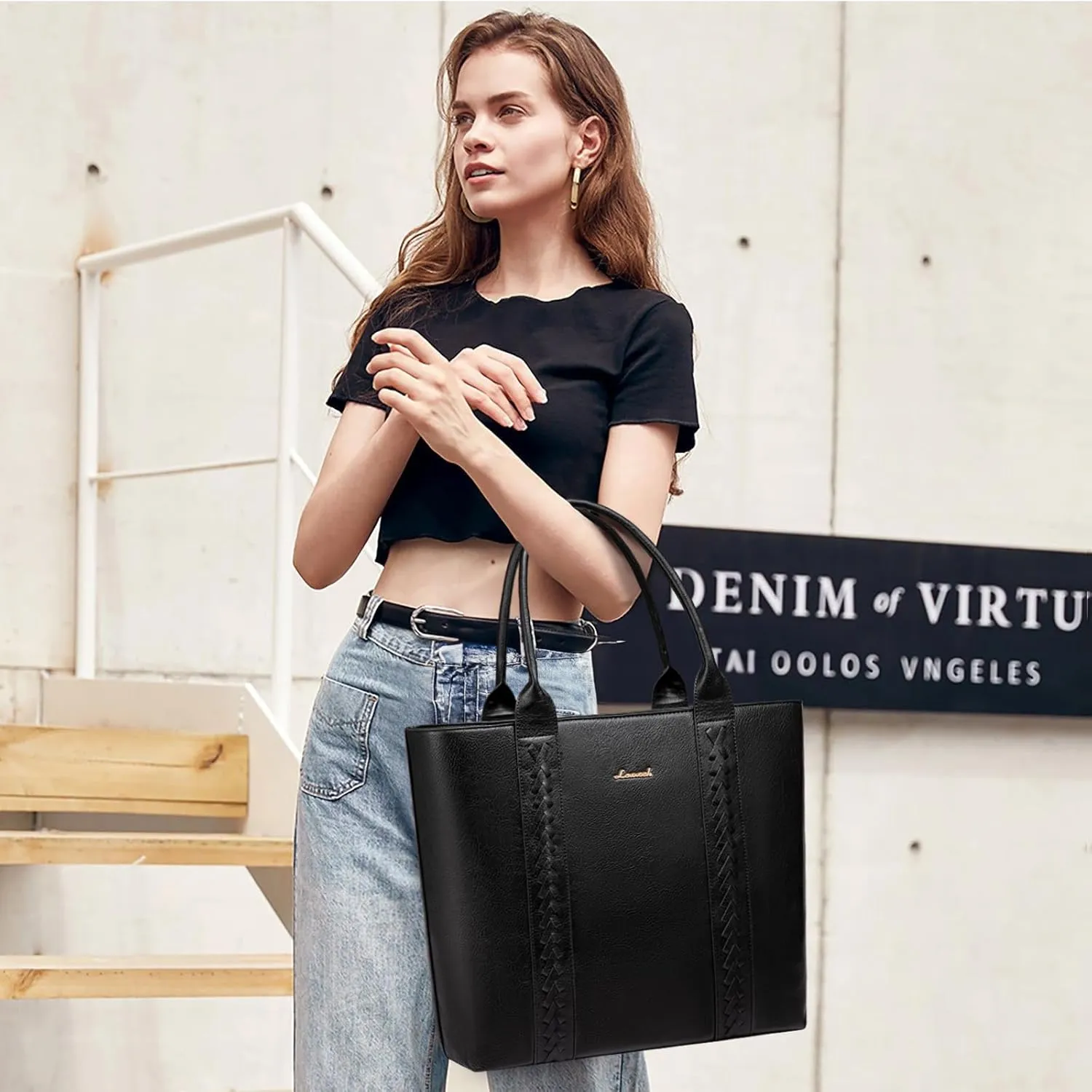LOVEVOOK Tote Bag for Women Purse and Work Bags, Shoulder Purses with Large Black Woven Leather, Gifts for Womens
