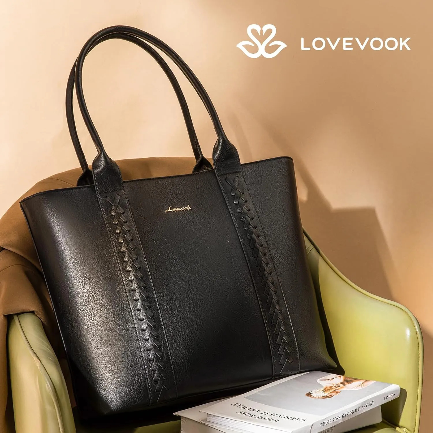 LOVEVOOK Tote Bag for Women Purse and Work Bags, Shoulder Purses with Large Black Woven Leather, Gifts for Womens