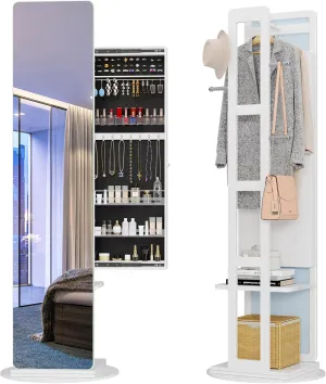 LVSOMT 360 Swivel Jewelry Armoire, Rotatable Full Length Mirror with Jewelry Storage, Standing Jewelry Cabinet with Coat Rack, White, Soild Wood