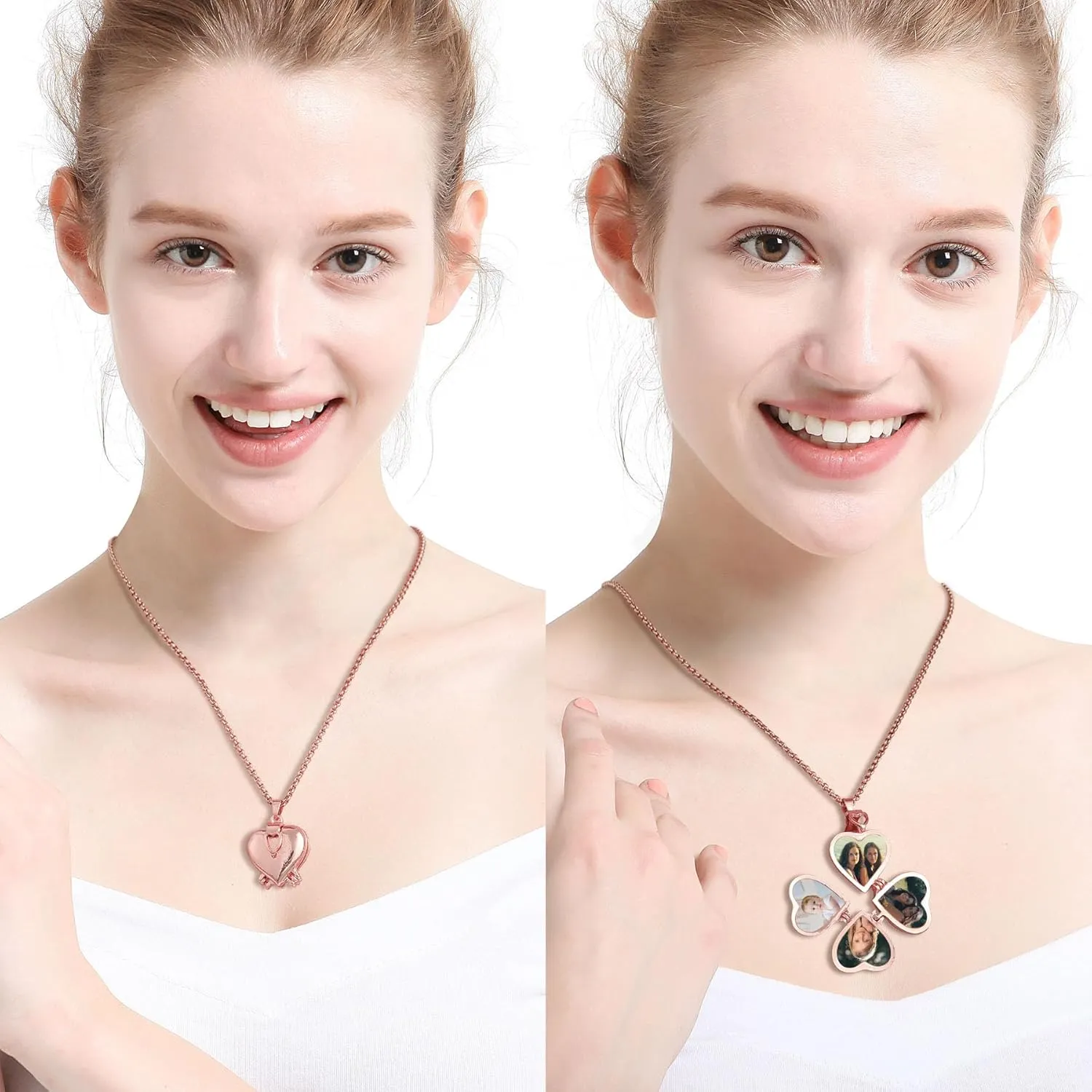 MeMeDIY Personalized Heart Locket Necklace That Holds 4 Photos Custom Photo Pendant Necklace for Women/Mom Expanding Gold Plated Vintage Locket
