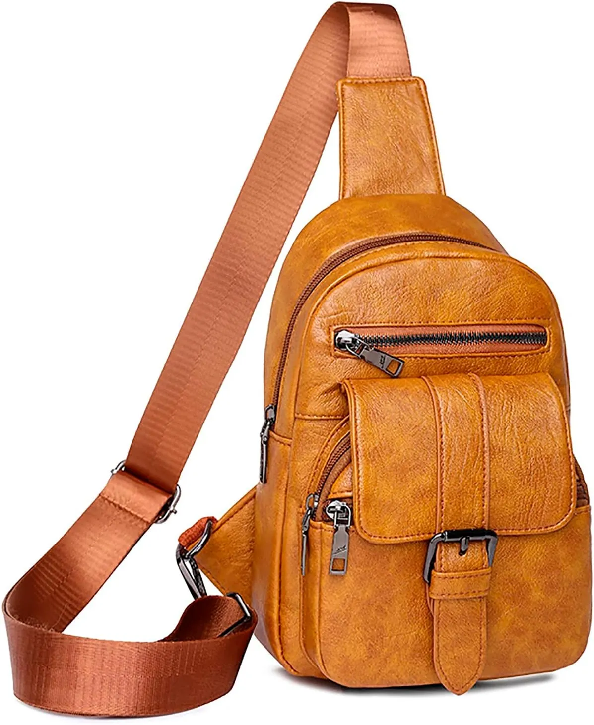 Men And Women Chest Bags Sling Bags Small Crossbody PU Leather Satchel Daypack Fashion Shoulder Strap (Yellow, One Size)