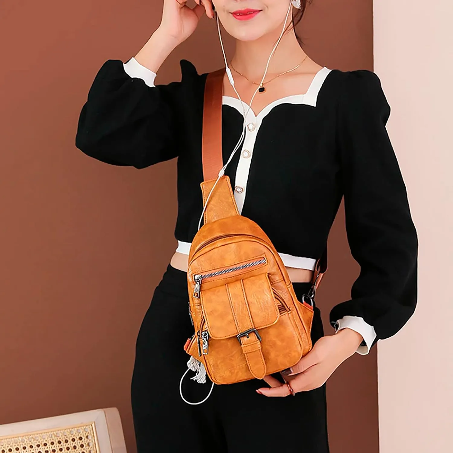 Men And Women Chest Bags Sling Bags Small Crossbody PU Leather Satchel Daypack Fashion Shoulder Strap (Yellow, One Size)