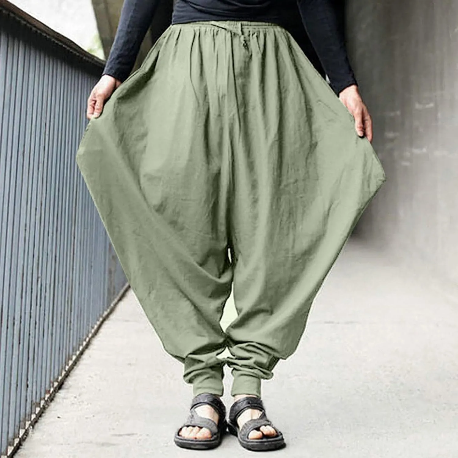 Men's Cotton Linen Pants Baggy Harem Pants Vintage Drop Crotch Pants Plus Size Hippie Boho Yoga Pants Aladdin Pants