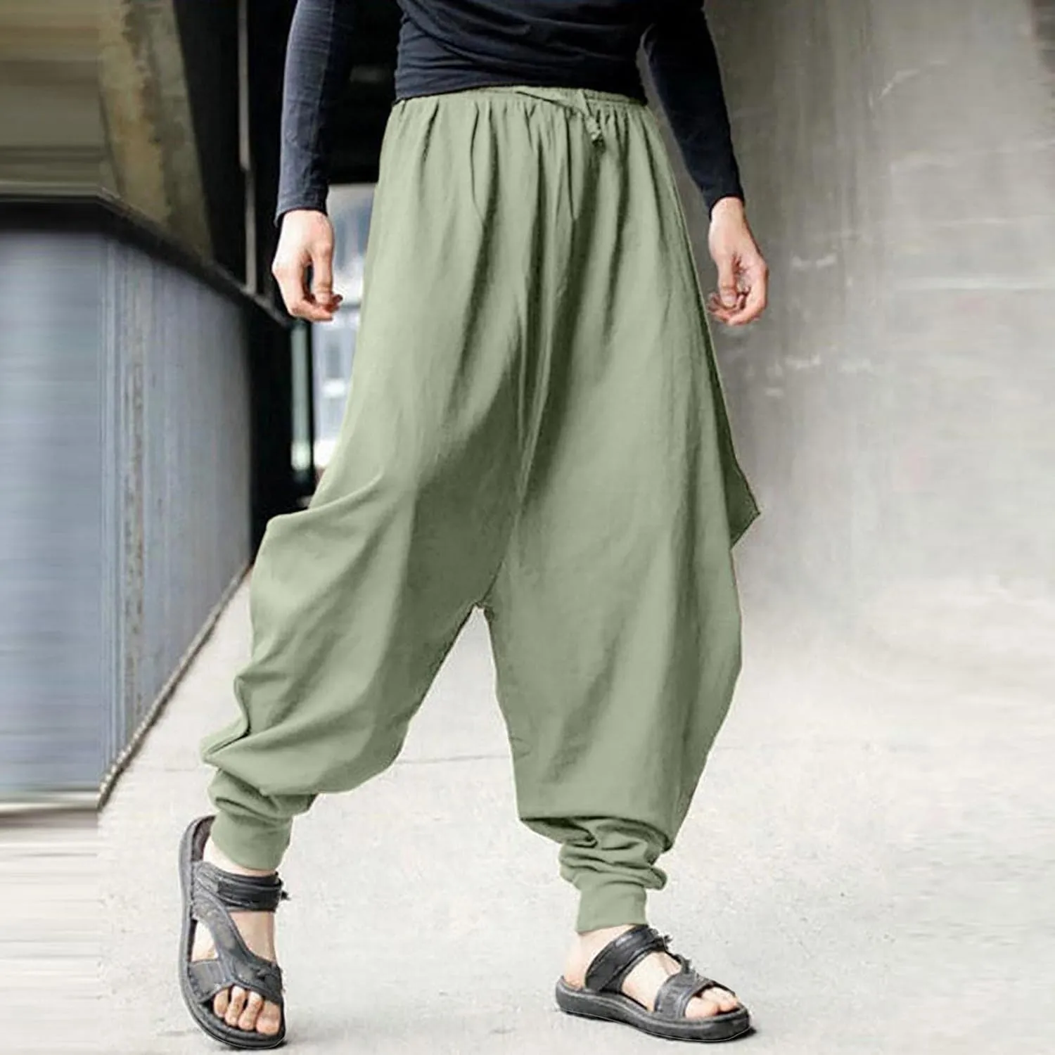 Men's Cotton Linen Pants Baggy Harem Pants Vintage Drop Crotch Pants Plus Size Hippie Boho Yoga Pants Aladdin Pants
