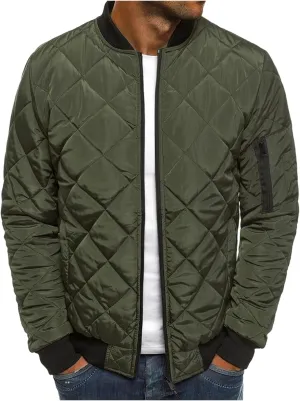 Mens Diamond Quilted Bomber Jackets Lightweight Varsity Coats Warm Flight Jacket Zipper Fashion Windproof Outwear