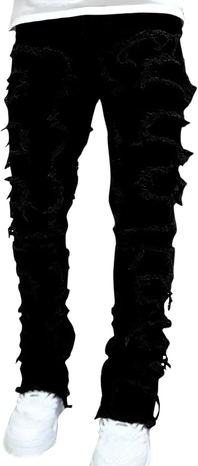 Mens Jeans Bootcut Men Ripped Jeans Slim Fit Stacked Denim Pants Fashion Hip Hop Skinny Patchwork Jeans Streetwear