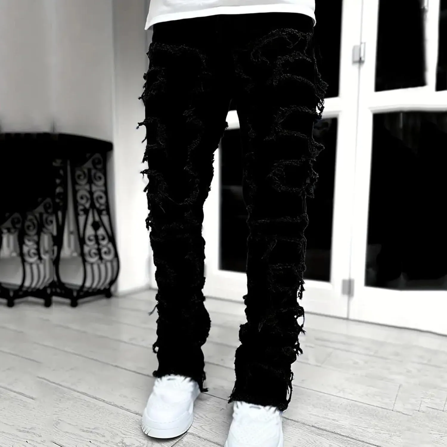 Mens Jeans Bootcut Men Ripped Jeans Slim Fit Stacked Denim Pants Fashion Hip Hop Skinny Patchwork Jeans Streetwear