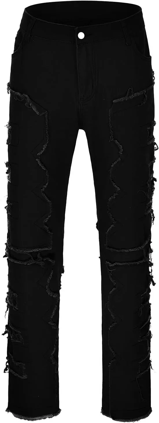 Mens Jeans Bootcut Men Ripped Jeans Slim Fit Stacked Denim Pants Fashion Hip Hop Skinny Patchwork Jeans Streetwear