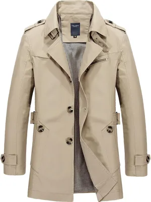 Mens Slim Notched Collar Single Breasted Cotton Jacket Office Trench Coat Mid Length Wool Blend Pea Coat for Outdoor Fall