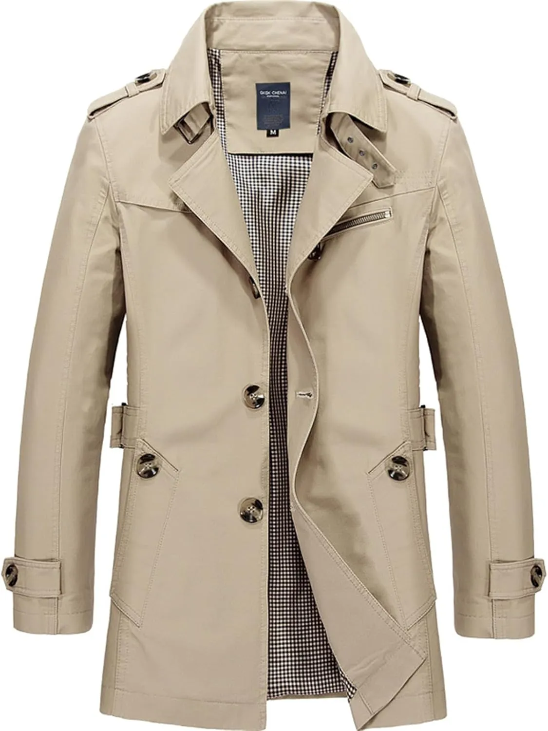 Mens Slim Notched Collar Single Breasted Cotton Jacket Office Trench Coat Mid Length Wool Blend Pea Coat for Outdoor Fall