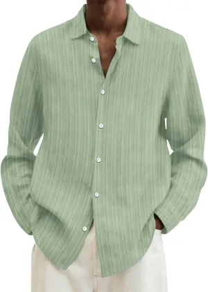 Men's Striped Oxford Shirts Summer Long Sleeve Button Cuban Guayabera Shirt Lightweight Quick Dry Leisure Beach Tops