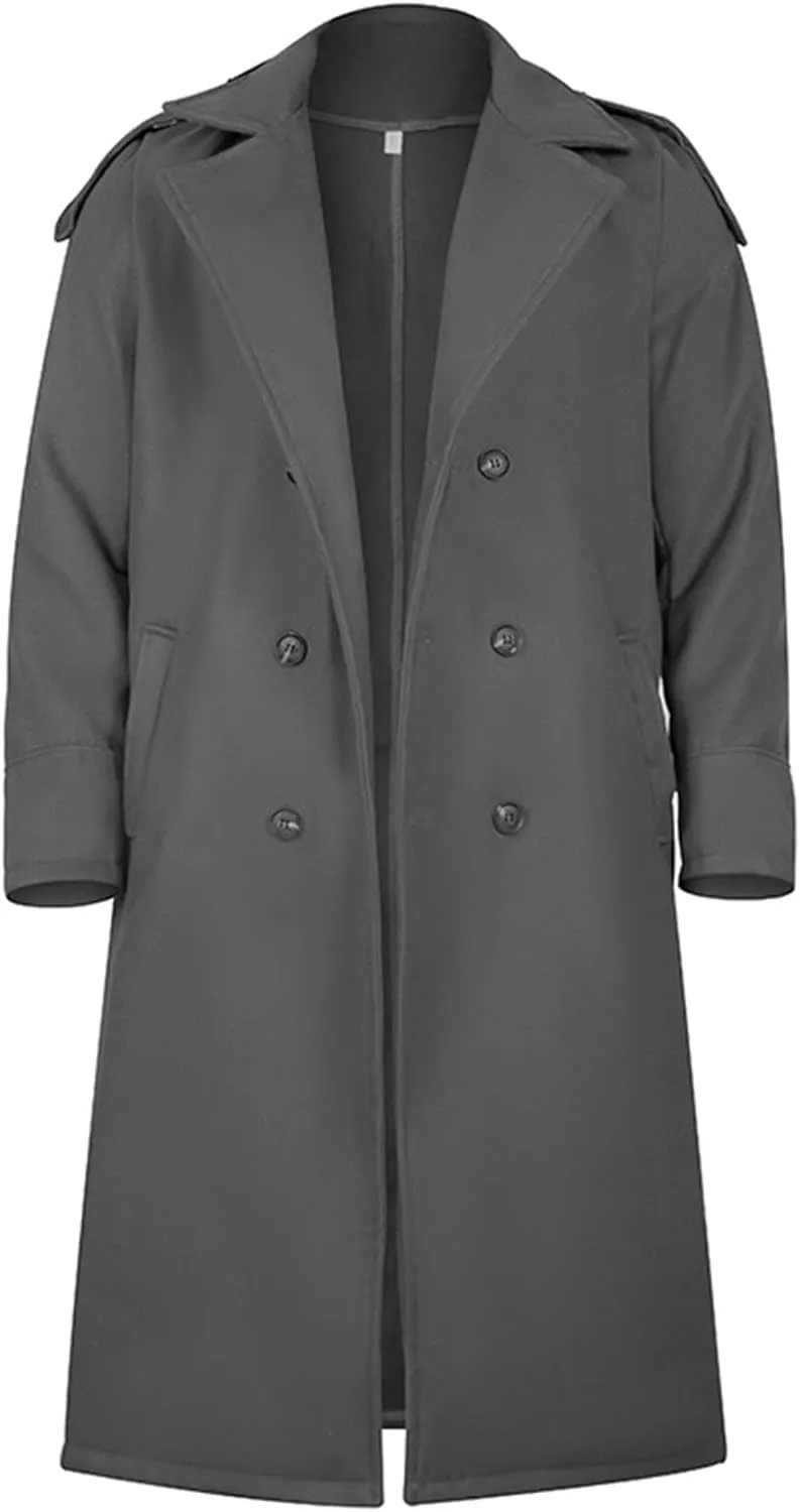 Men's Trench Coat Long Wool Blend Windbreaker Jacket Double Breasted Bussiness Overcoat with Pockets