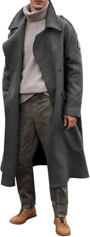 Men's Trench Coat Long Wool Blend Windbreaker Jacket Double Breasted Bussiness Overcoat with Pockets