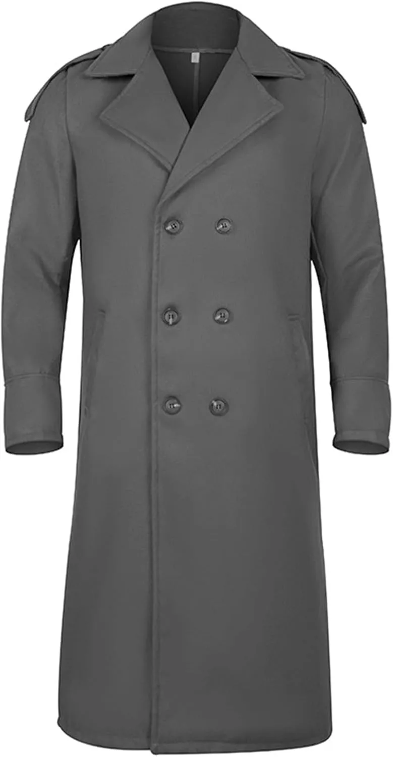 Men's Trench Coat Long Wool Blend Windbreaker Jacket Double Breasted Bussiness Overcoat with Pockets