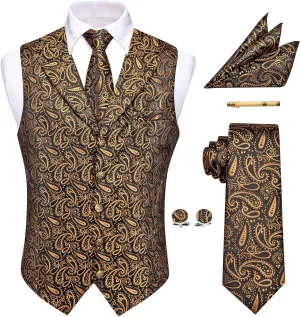 Mens Victorian Vest Tie Set Silk Paisley Suit Vests Formal Waistcoat Gothic Steampunk Vest with Notched Lapels