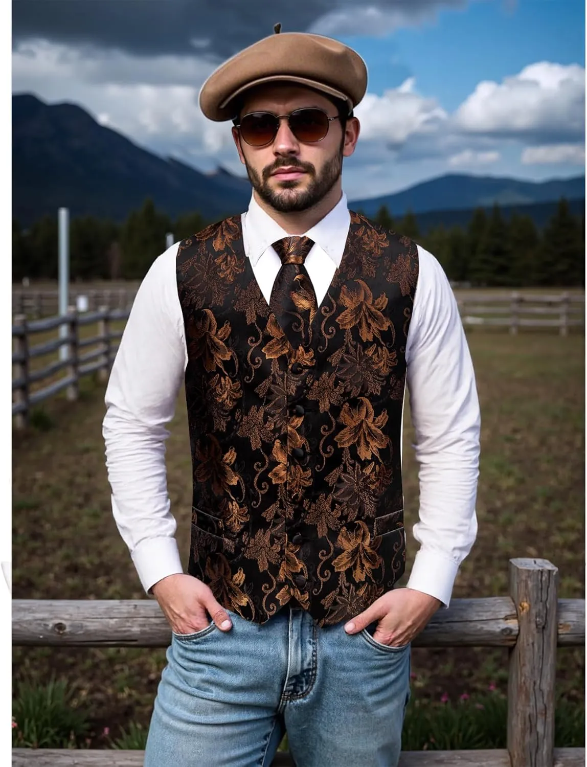 Mens Victorian Vest Tie Set Silk Paisley Suit Vests Formal Waistcoat Gothic Steampunk Vest with Notched Lapels