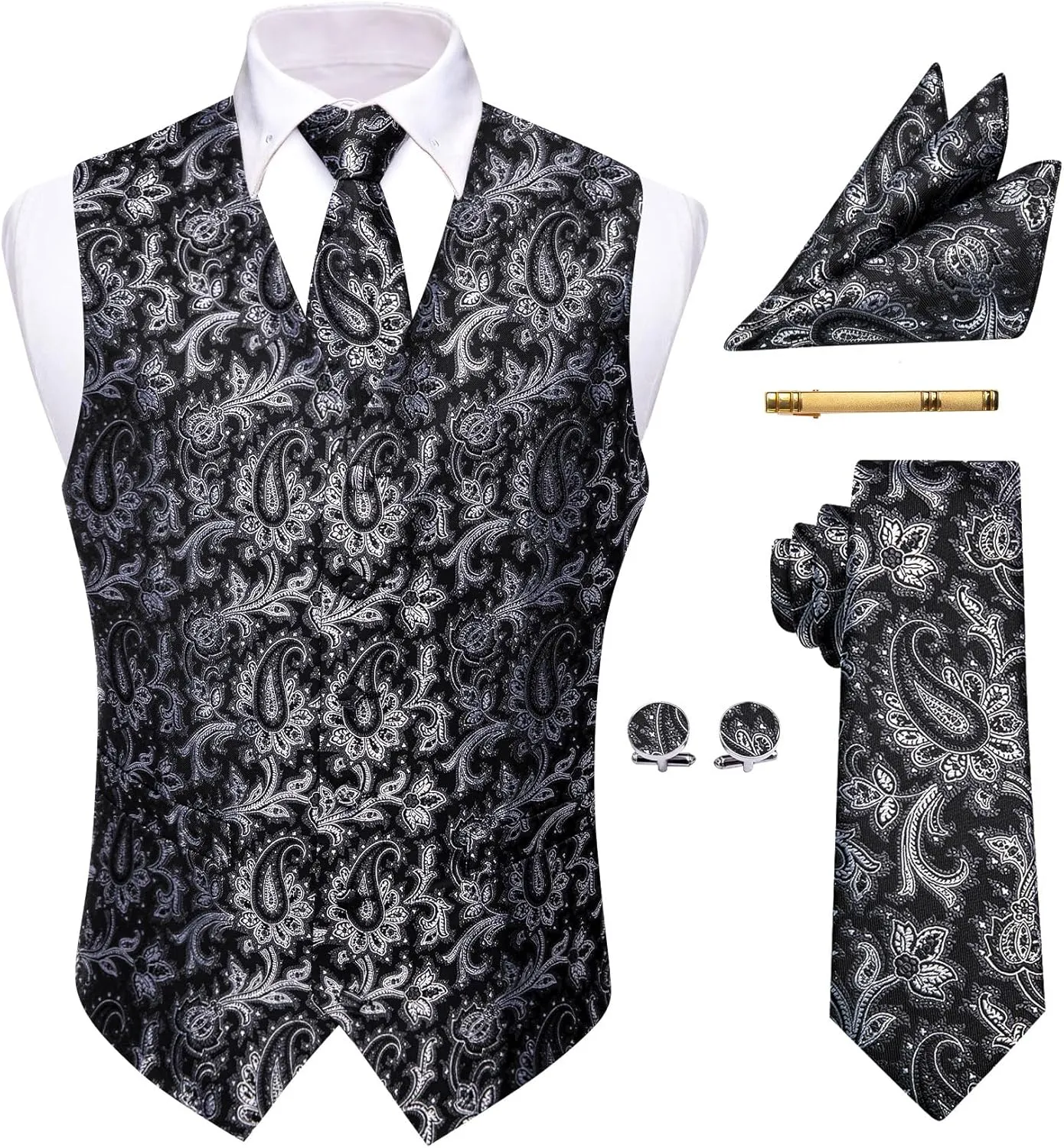 Mens Victorian Vest Tie Set Silk Paisley Suit Vests Formal Waistcoat Gothic Steampunk Vest with Notched Lapels
